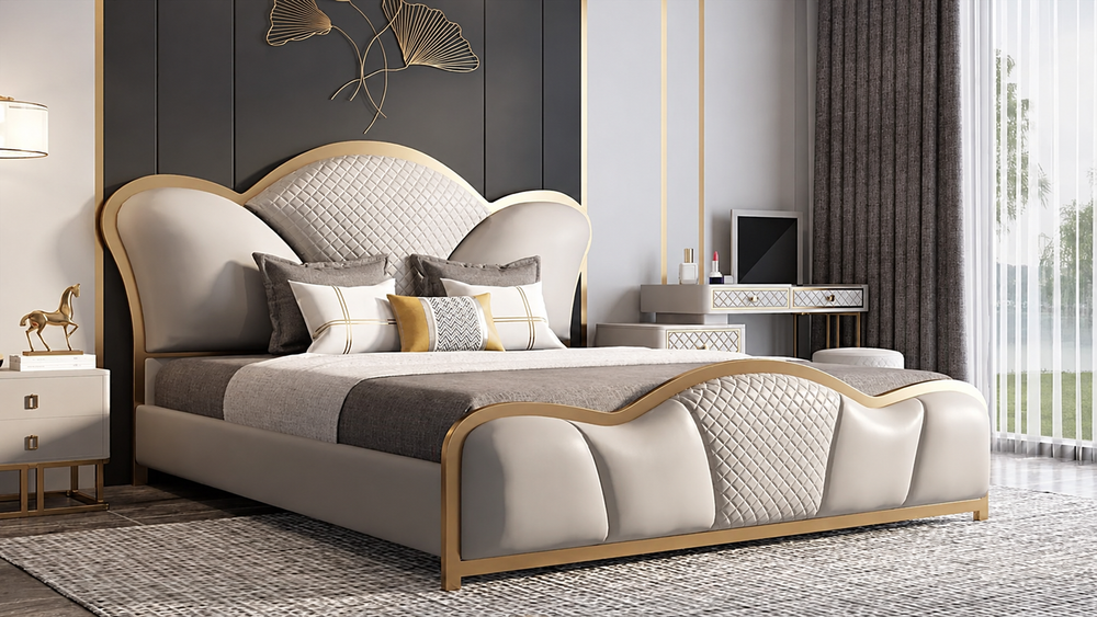 Antique Gold Finish Fux Design Queen Size Bed For Bedroom with Storage