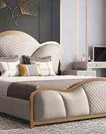 Antique Gold Finish Fux Design Queen Size Bed For Bedroom with Storage