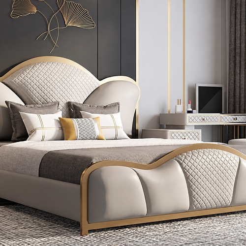 Antique Gold Finish Fux Design Queen Size Bed For Bedroom with Storage