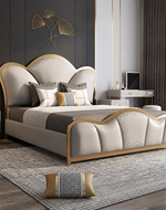 Antique Gold Finish Fux Design Queen Size Bed For Bedroom with Storage