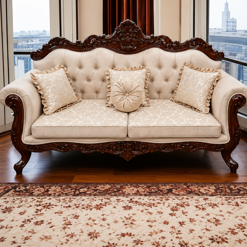 Bloomart Handmade Royal Antique Golden Finish Carved Sofa (3 Seater)