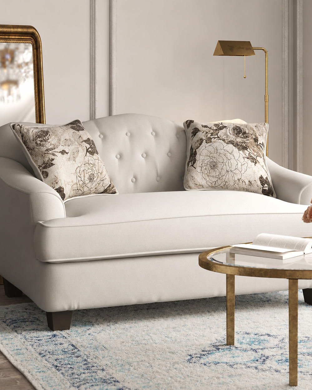 Wooden Recessed Arm Loveseat Sofa 2 Seater, Beige (Walnut Legs)