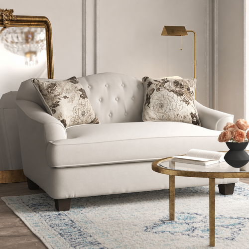 Wooden Recessed Arm Loveseat Sofa 2 Seater, Beige (Walnut Legs)
