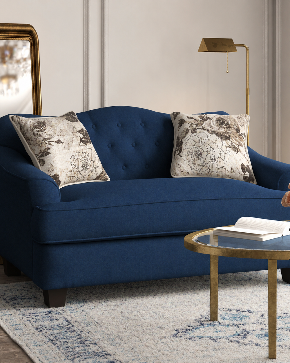Wooden Recessed Arm Loveseat Sofa 2 Seater Blue (Walnut Legs)