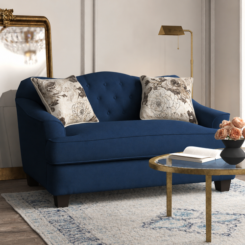 Wooden Recessed Arm Loveseat Sofa 2 Seater Blue (Walnut Legs)