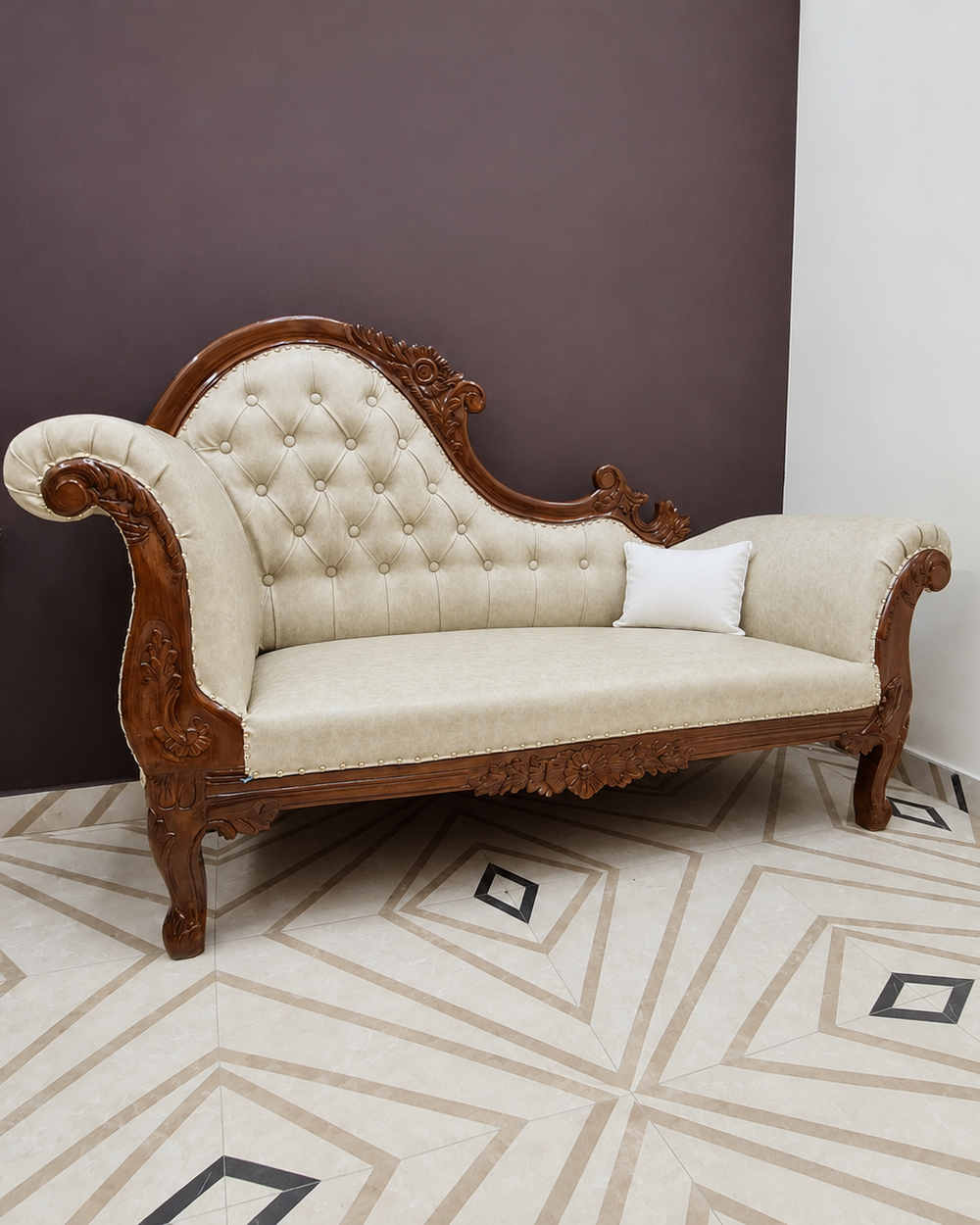Lush Teak Wood Handcrafted Deewan Chaise Lounge