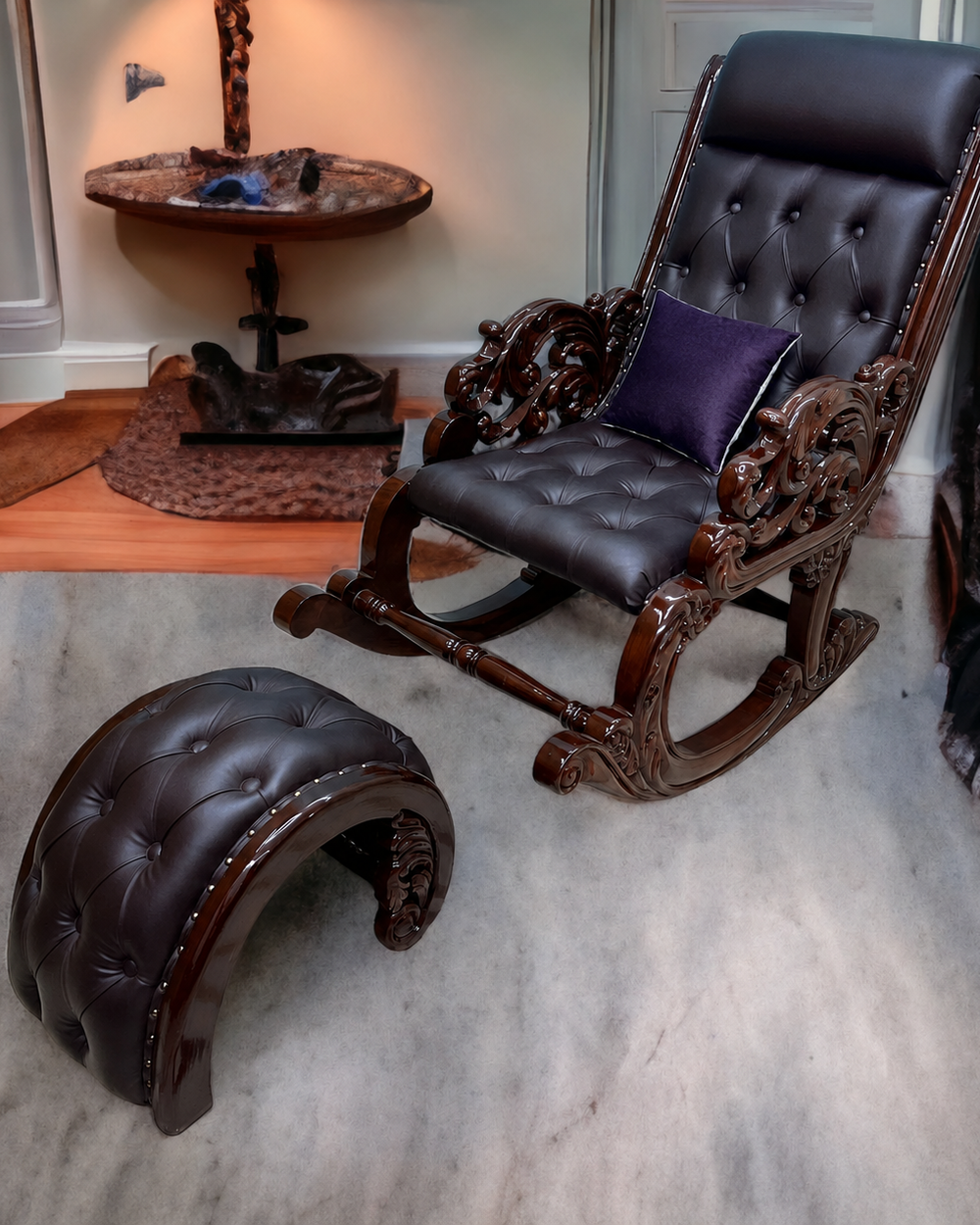 Graceful Hand Carved Rocking Chair with Foot Rest