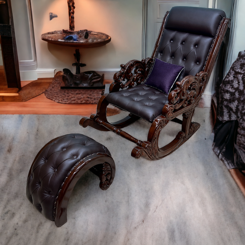 Graceful Hand Carved Rocking Chair with Foot Rest