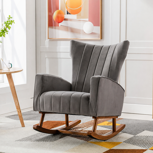 Wooden Velvet Accent Rocking Chair (Grey)