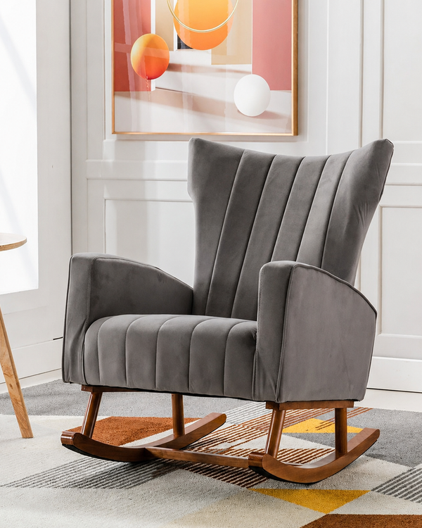 Wooden Velvet Accent Rocking Chair (Grey)