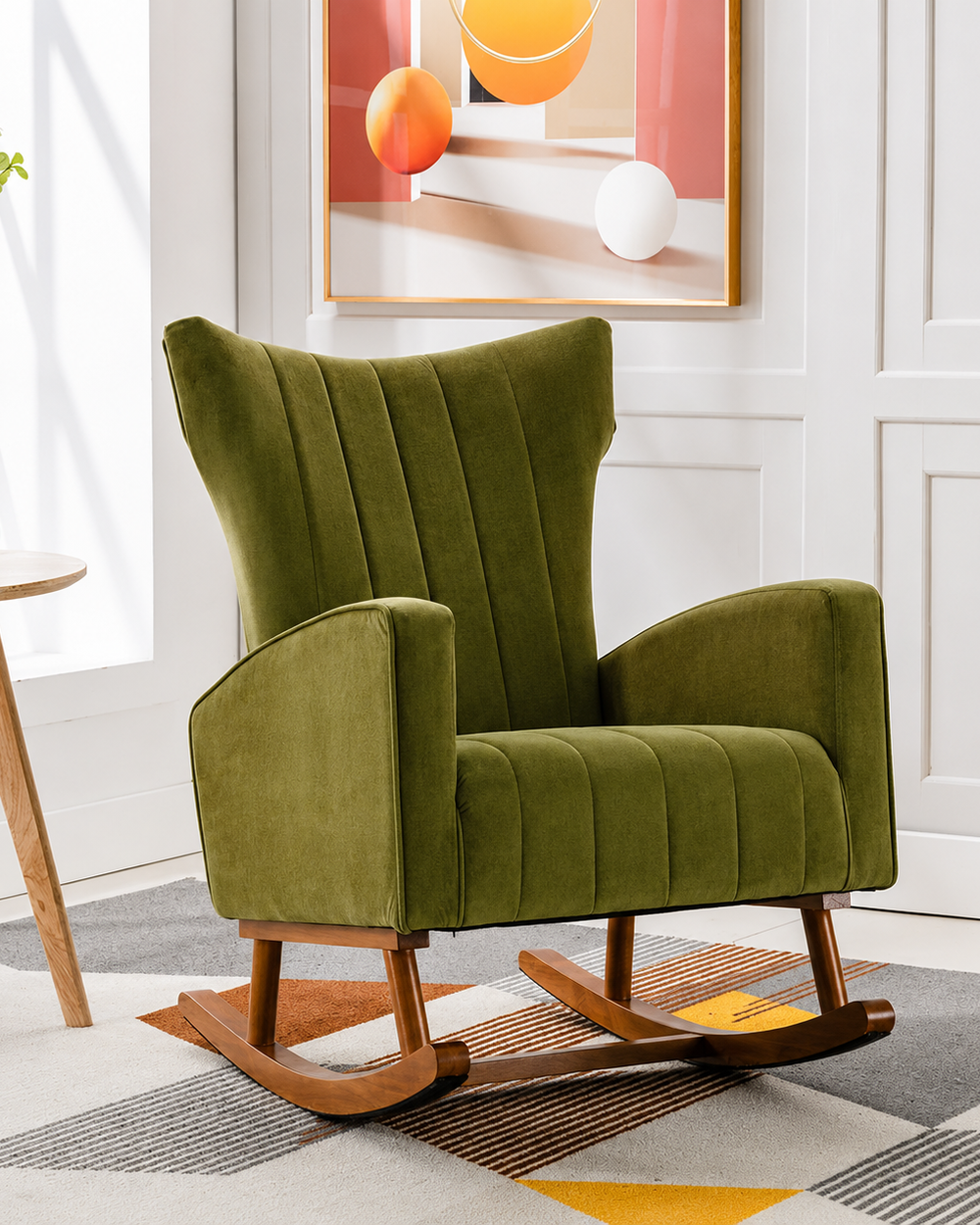 Wooden Velvet Accent Rocking Chair (Green)