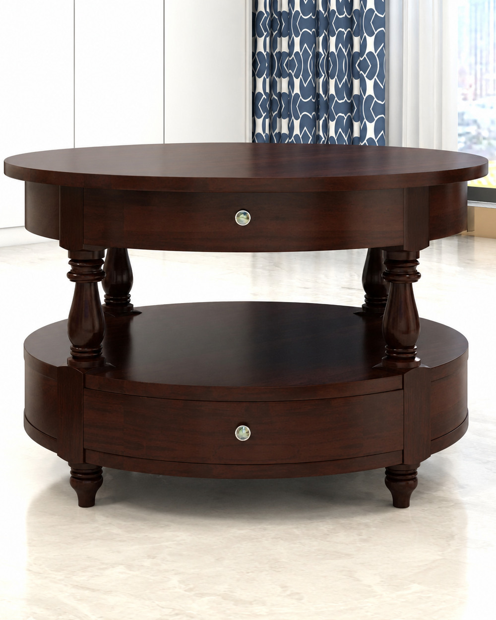 Bloomart 2 Drawer Round Teak Wood Coffee Table ( Brown )