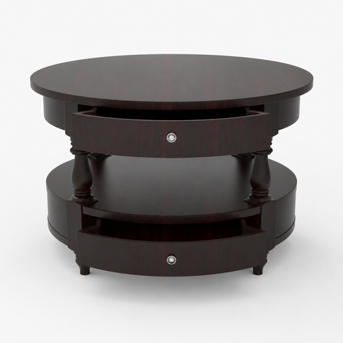 Bloomart 2 Drawer Round Teak Wood Coffee Table ( Brown )