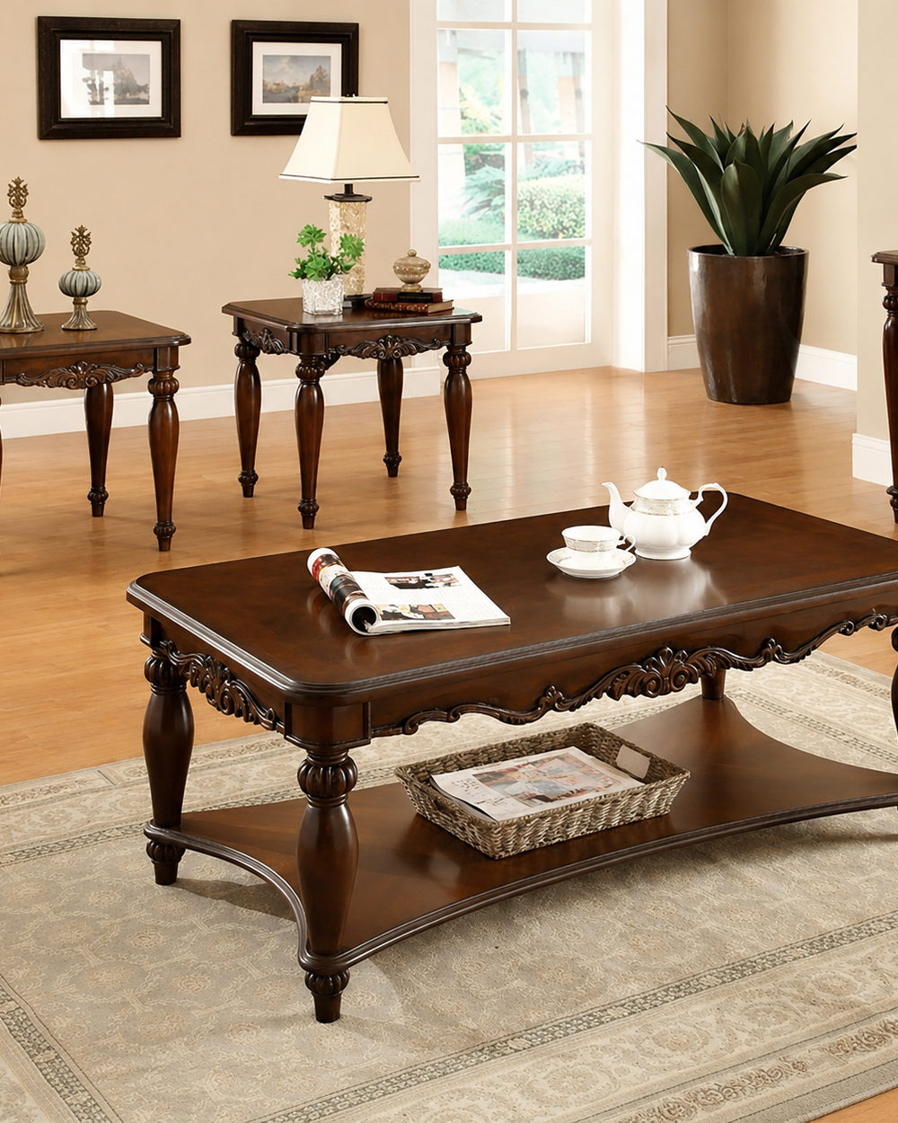 Wooden Hand Carved Royal Decor Coffee Table Set (Sheesham Wood)