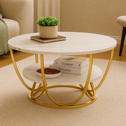 Bloomart Round Coffee Table with Marble Top Like Finish Stylish 2-Tier Design