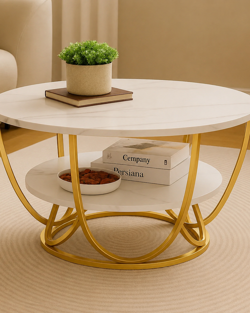 Bloomart Round Coffee Table with Marble Top Like Finish Stylish 2-Tier Design