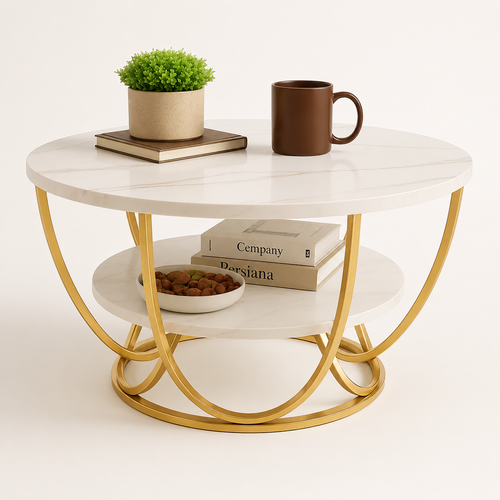 Bloomart Round Coffee Table with Marble Top Like Finish Stylish 2-Tier Design