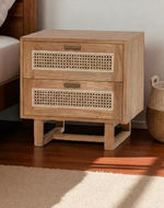 Bloomart Arnitra Modern Rattan Spline Bedside Table with 2 Spacious Storage Drawers Rustic Nightstand for Bedroom