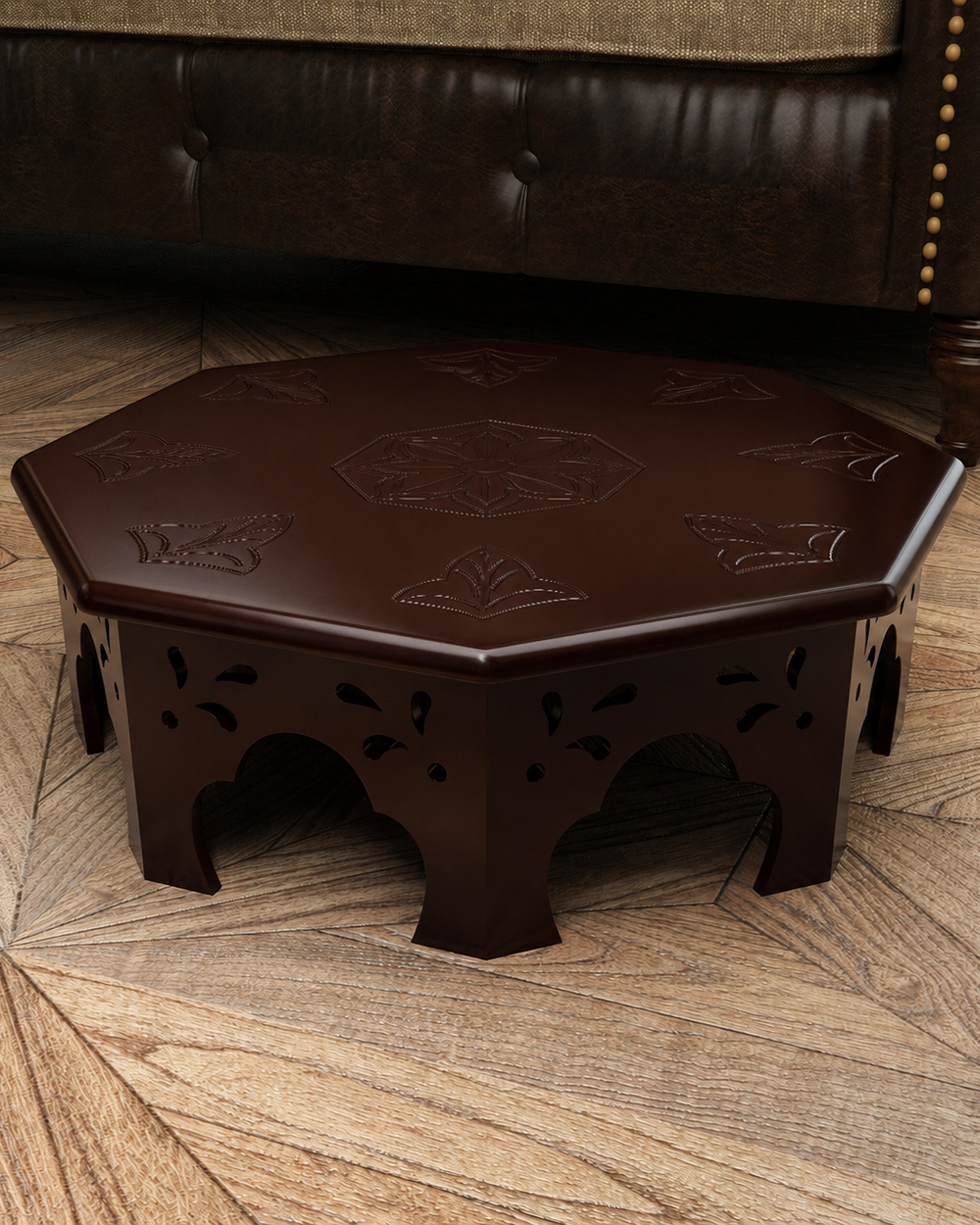 Wooden Chowki Octagonal Shape In Walnut Finish