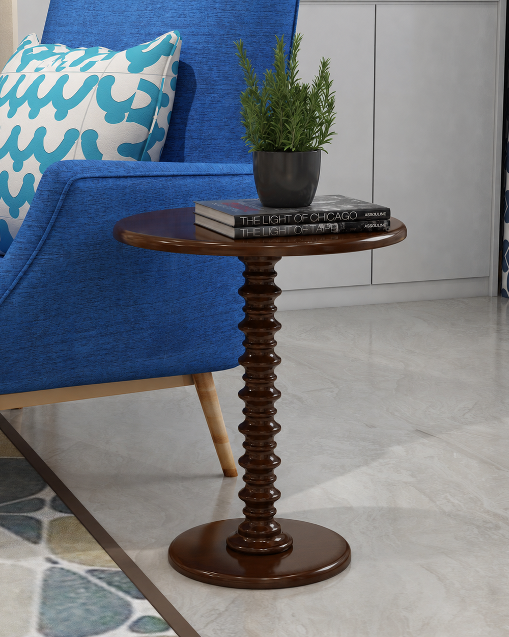 Round Wooden Spindle Side Table for Living Room with Pedestal End Table (Walnut Finish)