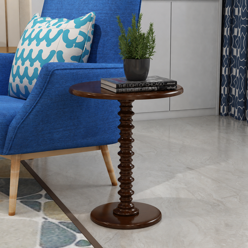 Round Wooden Spindle Side Table for Living Room with Pedestal End Table (Walnut Finish)