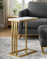 Bloomart Modern Golden Side Table with White Marble Finish  Laminated Top for Living Room