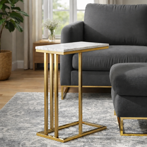 Bloomart Modern Golden Side Table with White Marble Finish  Laminated Top for Living Room