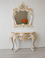 Hand Carved Antique Look Solid Teak Wood Console Table With Mirror ( Golden Leaf )