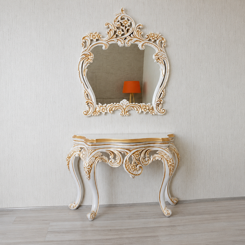 Hand Carved Antique Look Solid Teak Wood Console Table With Mirror ( Golden Leaf )