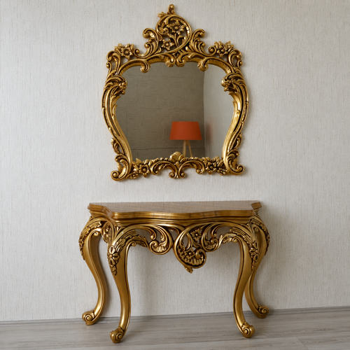 Hand Carved Solid Teak Wood Console Table With Mirror ( Golden )