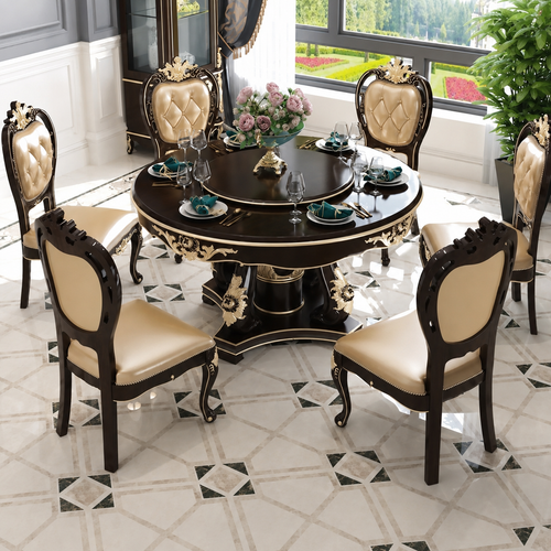 Wooden Hand Craved 6 Seater Classical Style Flower Pattern Dining Table Set (Teak Wood)