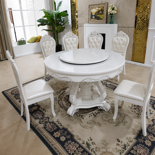Wooden Hand Craved 6 Seater Antique Style Round Dining Table Set (Teak Wood)