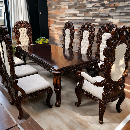 Wooden Majestic Royal Look Hand Carved Teak Wood 8 Seater Dining Table Set
