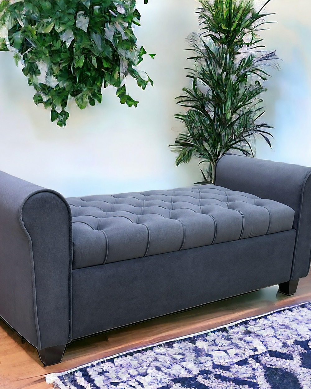 Bloomart Zamansız Button Tufted Design Premium Wood 2 Seater Storage Bench (Dark Grey)