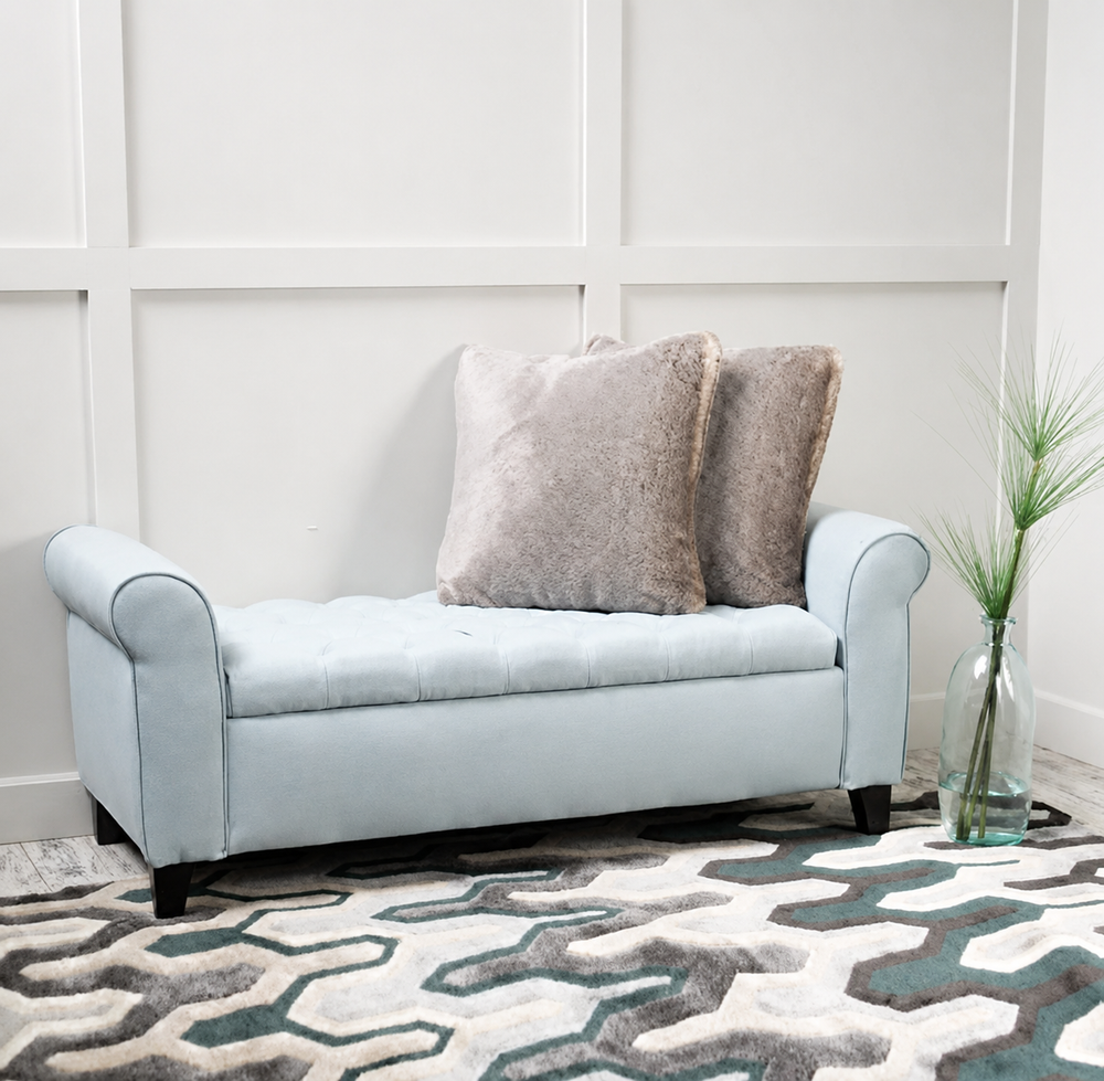 Bloomart Zamansız Button Tufted Design Premium Wood 2 Seater Storage Bench (Light Sky)