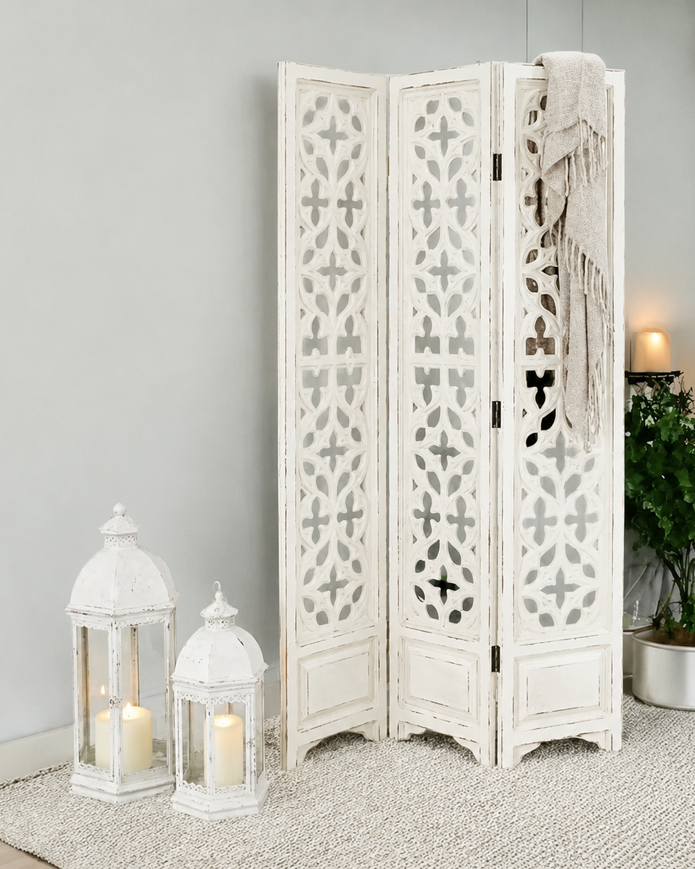 Litton Lane Intricate Carved Design Foldable 3 Panel Floral Partition Room Divider Screen  (White)