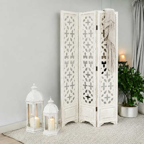 Litton Lane Intricate Carved Design Foldable 3 Panel Floral Partition Room Divider Screen  (White)
