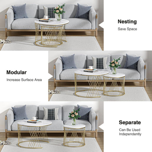 Bloomart Smudge Cross Design Round Coffee Table Set of 2 with Marble Top-Like Finish for Modern & Elegant Living Room