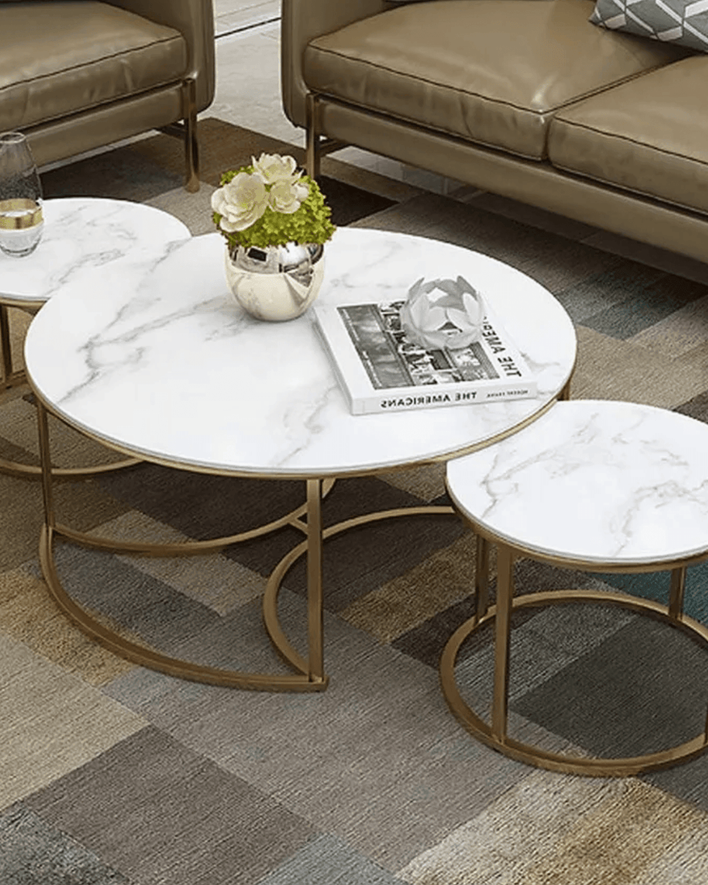 Bloomart Vibing Modern Contemporary Metal Base Marble Finish Laminated Top Nesting Coffee Table ( Set of 3 )