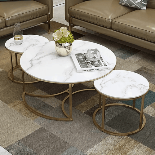 Bloomart Vibing Modern Contemporary Metal Base Marble Finish Laminated Top Nesting Coffee Table ( Set of 3 )