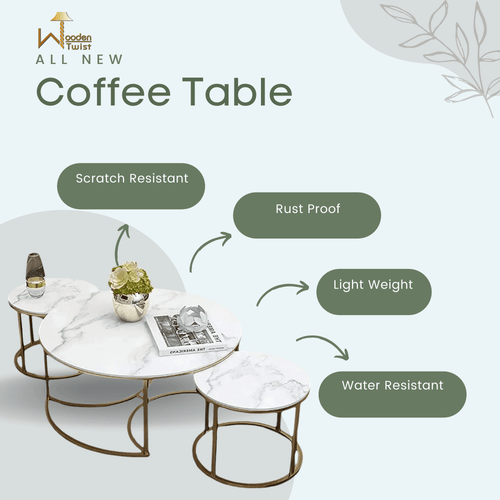 Bloomart Vibing Modern Contemporary Metal Base Marble Finish Laminated Top Nesting Coffee Table ( Set of 3 )