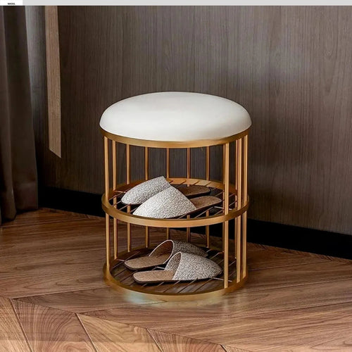 Round Solid Metal Shoe Rack in Golden Finish.