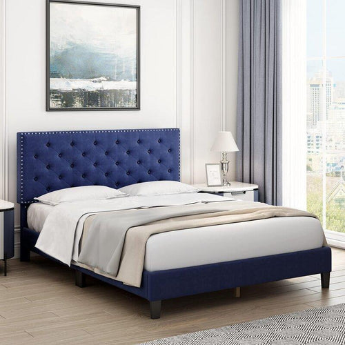 Modern Upholstered Platform Queen Size Bed (Teak Wood, Blue)