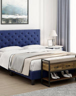 Modern Upholstered Platform Queen Size Bed (Teak Wood, Blue)