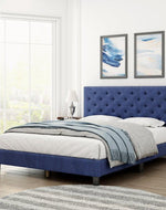 Modern Upholstered Platform Queen Size Bed (Teak Wood, Blue)
