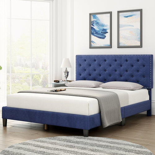 Modern Upholstered Platform Queen Size Bed (Teak Wood, Blue) - WoodenTwist