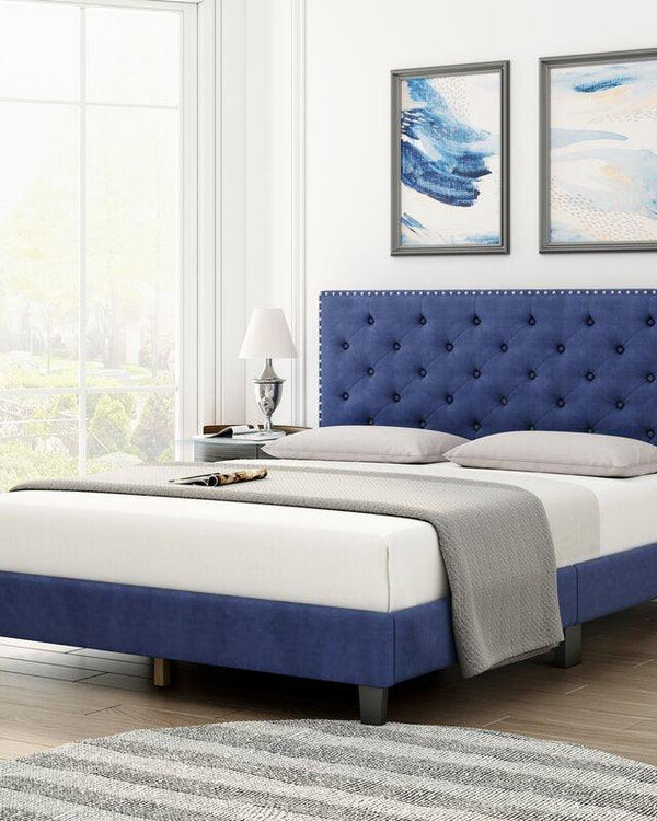 Modern Upholstered Platform Queen Size Bed (Teak Wood, Blue) - WoodenTwist