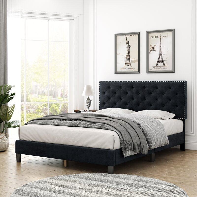 Modern Upholstered Platform Queen Size Bed (Teak Wood)