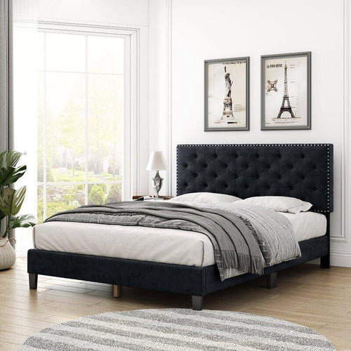 Modern Upholstered Platform Queen Size Bed (Teak Wood)