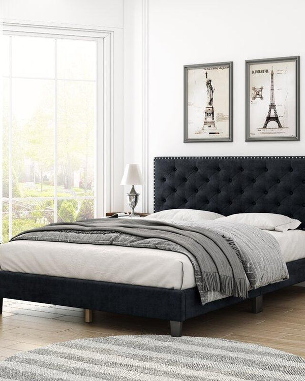 Modern Upholstered Platform Queen Size Bed (Teak Wood)